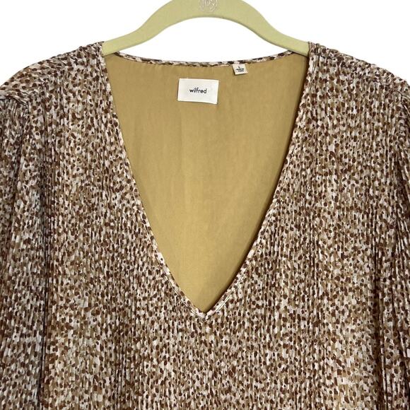 Wilfred Womens Daydreamer V-Neck Mini Dress Large Brown White Pleated Chiffon - Picture 2 of 7